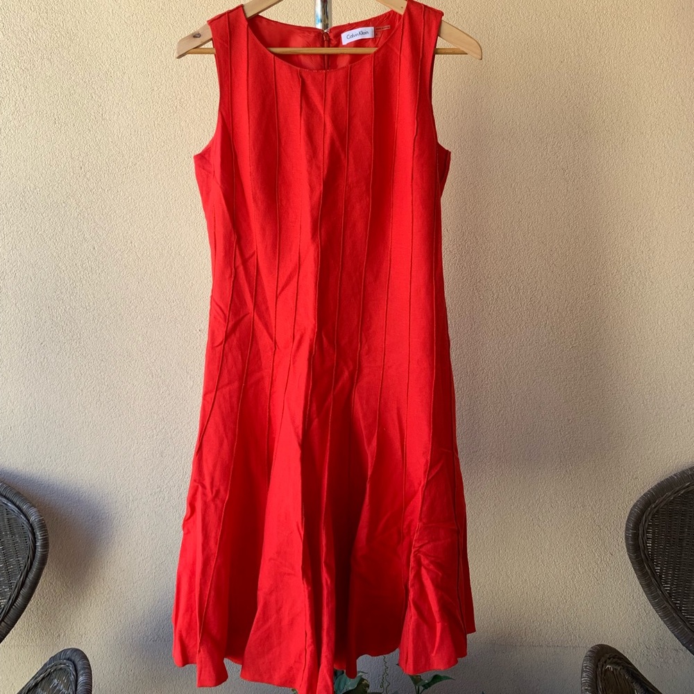 Calvin Klein red linen dress midi length Sz 4